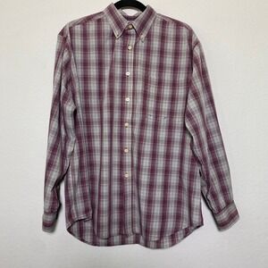 Puritan Mens Medium Plaid Button Down Shirt Wrinkle Resistant Burgundy Casual‎